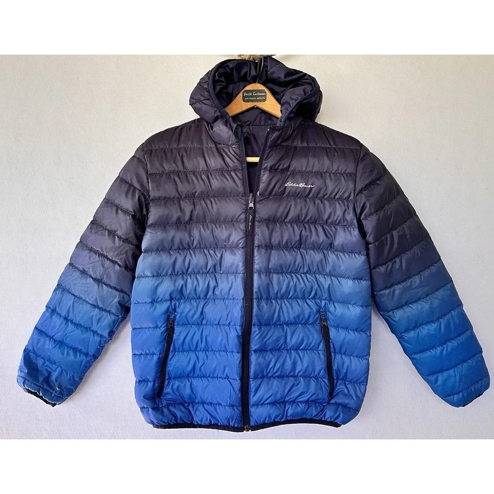 Eddie Bauer Hooded Down Jacket Reversible Kid's Small Ombré Blue